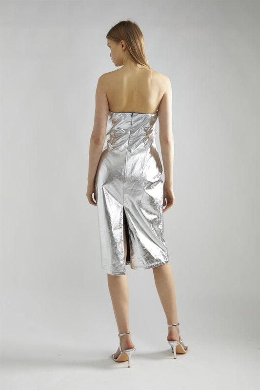 Silver-PU Strapless Midaxi-Dress