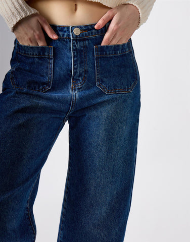 Dark Blue Stonewash Wide Leg Jeans