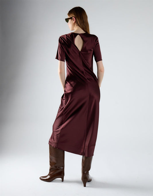 Oxblood Short-Sleeves Back-Keyhole Midi Dress