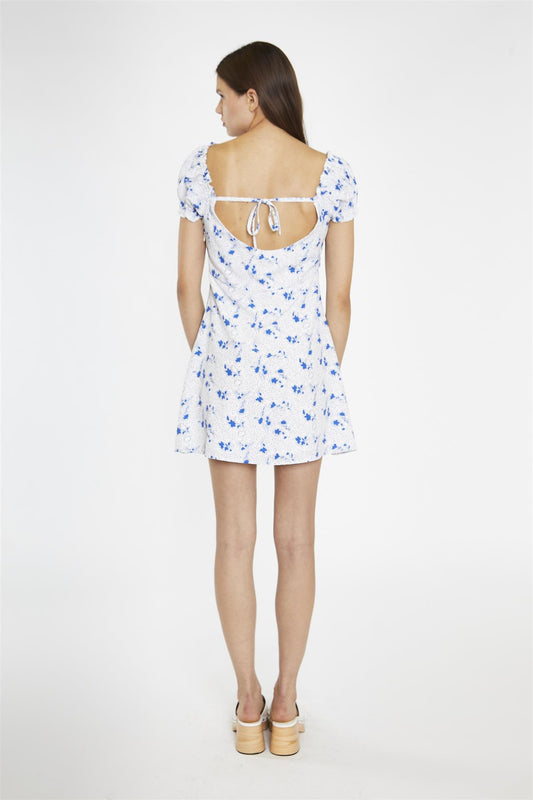 Blue-Dot Vintage-Floral Gathered Neckline Mini-Dress