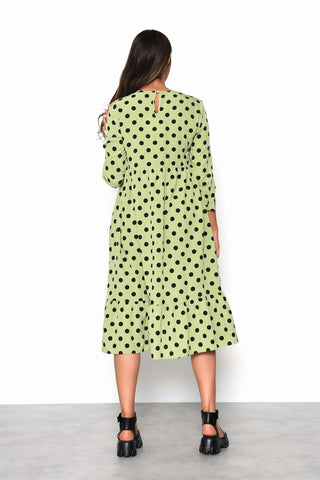 Green Brown Polka Dot Frill Midi Dress