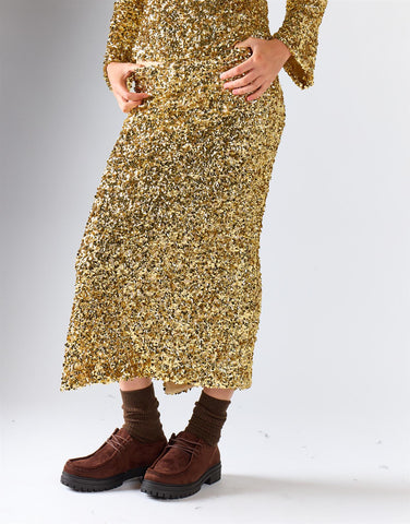 Gold Sequin Side-Slit Midi Skirt