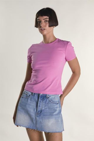 Candy-Pink Round Neckline Short Sleeve-Top