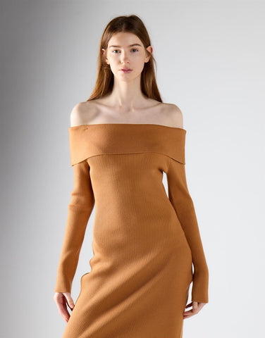 Tan Bardot Knitted Maxi Dress