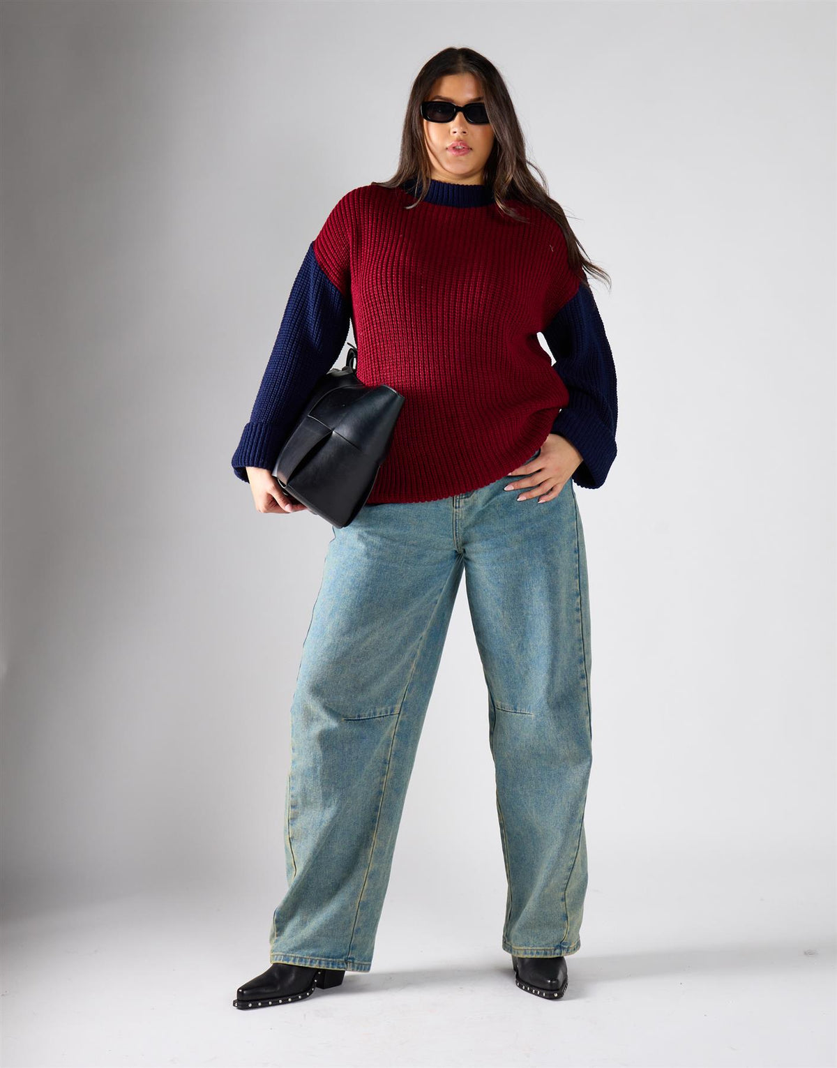 Burgundy Navy Round Neck Knit Jumper