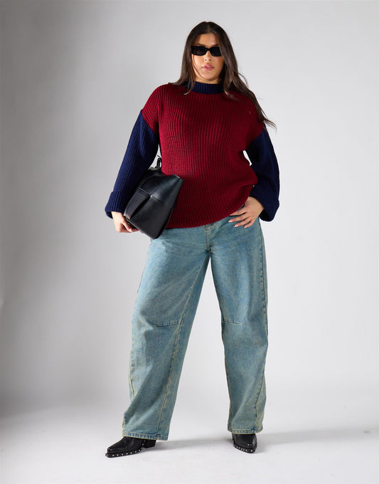Burgundy Navy Round Neck Knit Jumper
