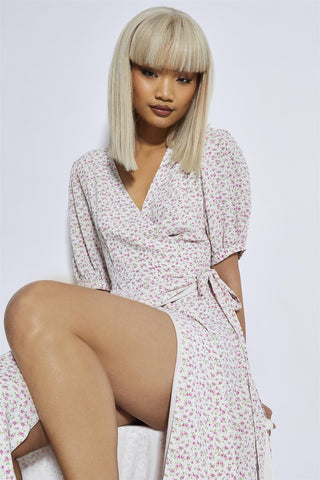 Pink Mini Vintage-Rose Midi Wrap-Dress