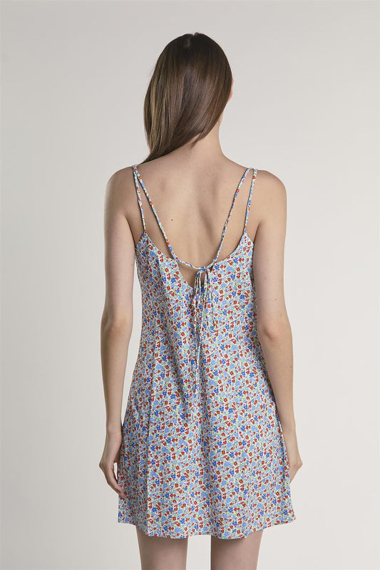 Blue-Red-Ditsy Cowl-Neck Mini-Dress