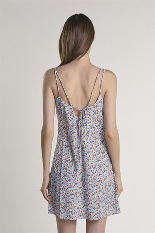 Blue-Red-Ditsy Cowl-Neck Mini-Dress