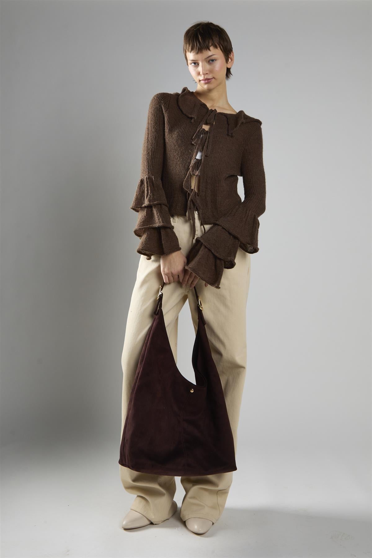 Dark Brown Ruffle Front Tie Long Sleeve Top
