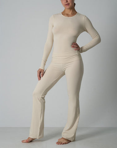 Agon Cream Crew-Neckline Top & Slight Flare-Leg Lounge Trousers Set