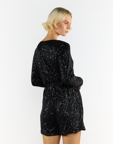Black Sequin V-Neck Long Sleeve Playsuit