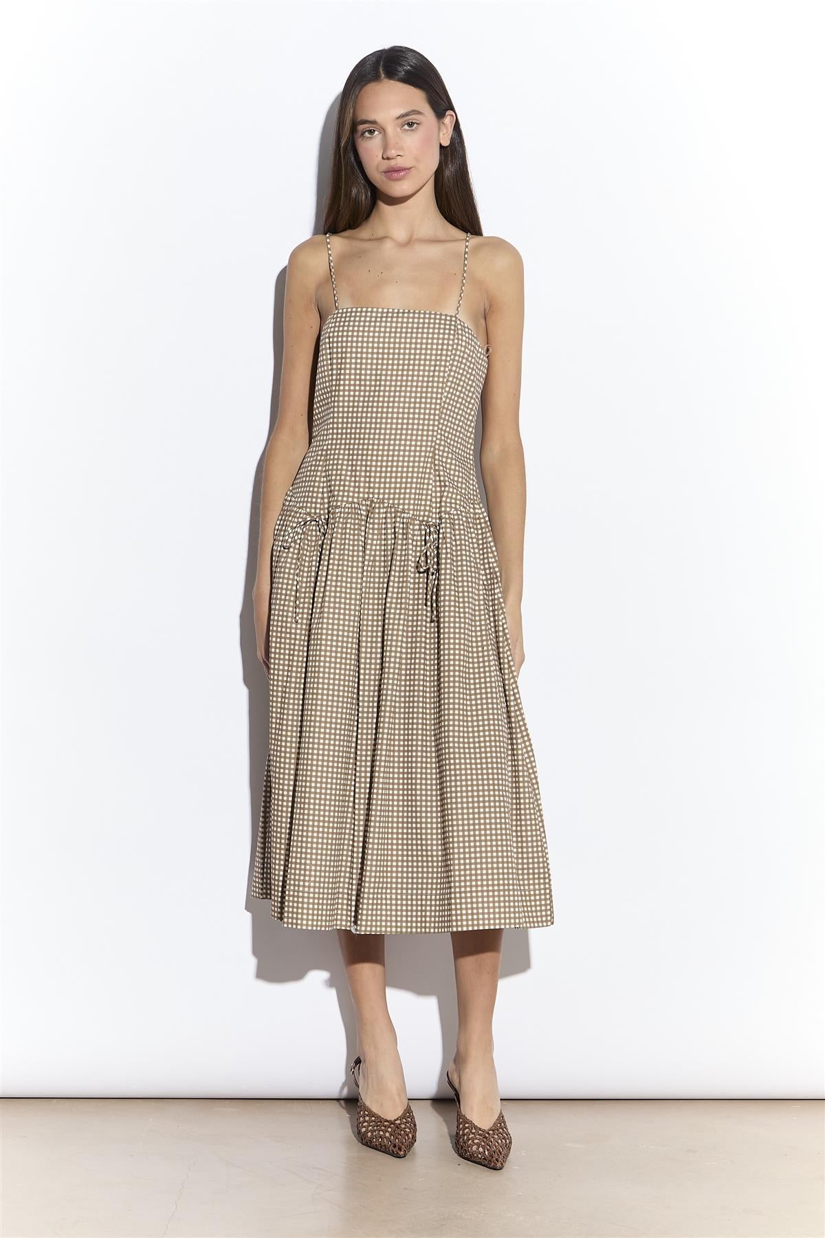 Taupe Gingham Dropped Waist Cami Midi Dress