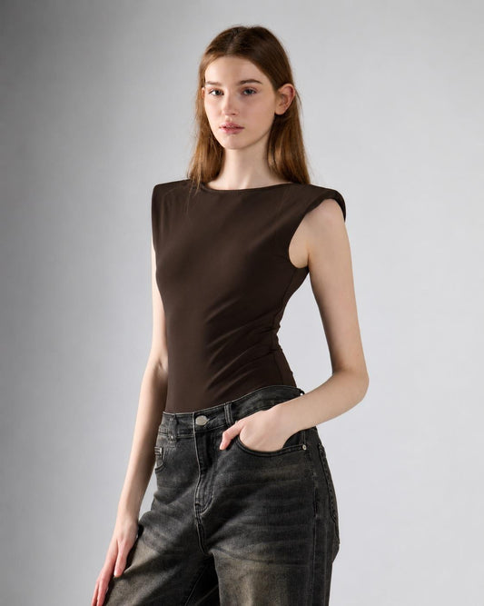 Deep Brown Boat Neck Bodysuit With Shoulder Pads