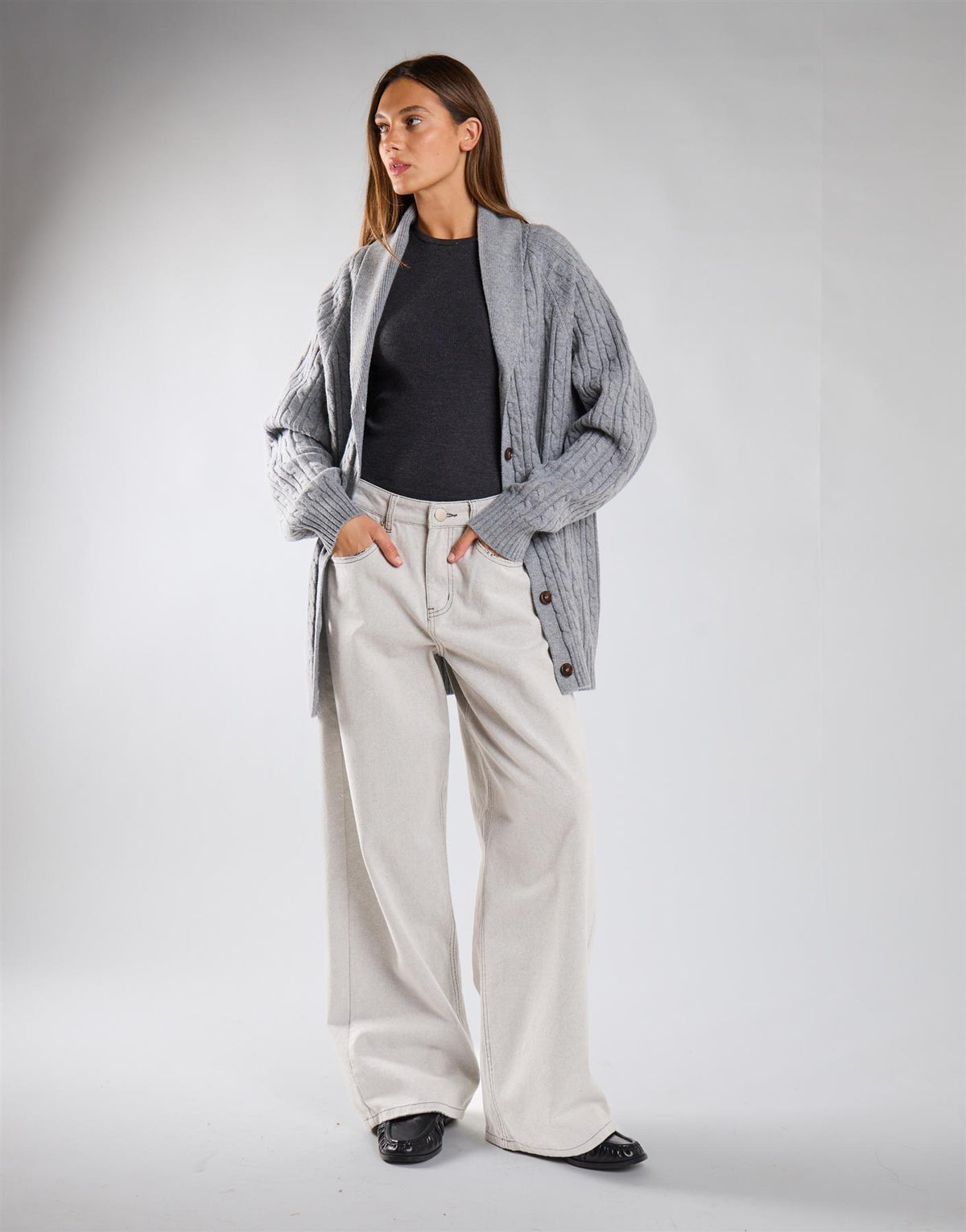 Grey Marl Cable Knit Midi Length Cardigan