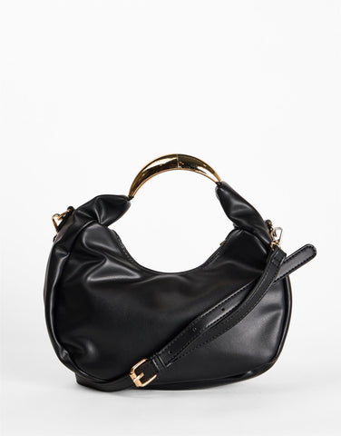 Black Crescent Gold Handle Shoulder Bag