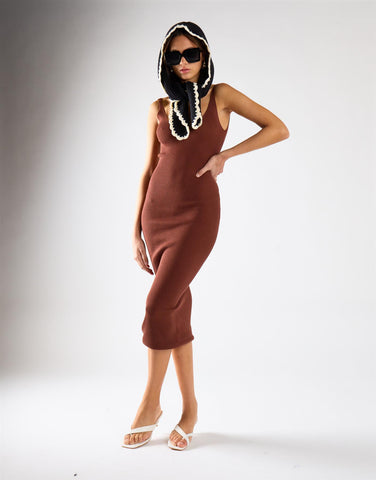 Reddish Brown Ribbed V-Neck Midi Dress