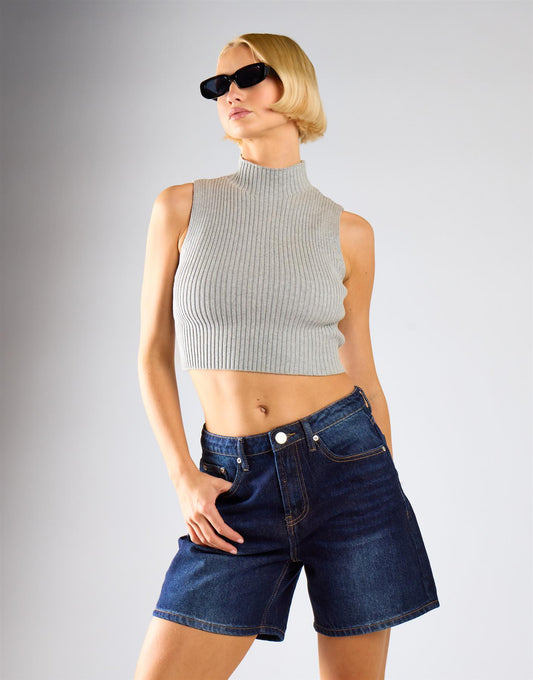 Mid Waist Loose Fit Denim Shorts - Indigo