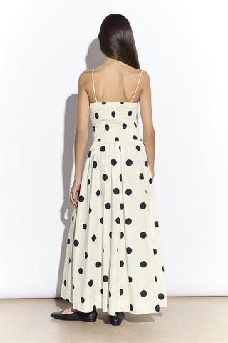 Cream Spot Shirred Dropped Waist Midi Dress