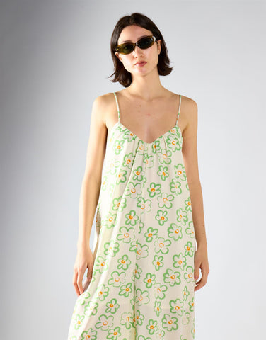 White Green Multi Daisy V-Neck Jumpsuit