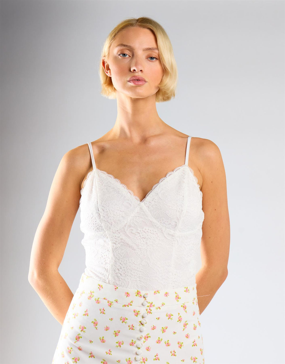 V-Neck Bodysuit - White Lace