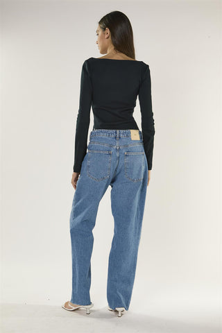 Mid Blue High Rise Straight-Leg Denim Jeans