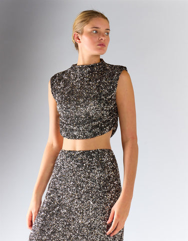 Silver Mini Sequin Sleeveless Mock Neck Crop Top
