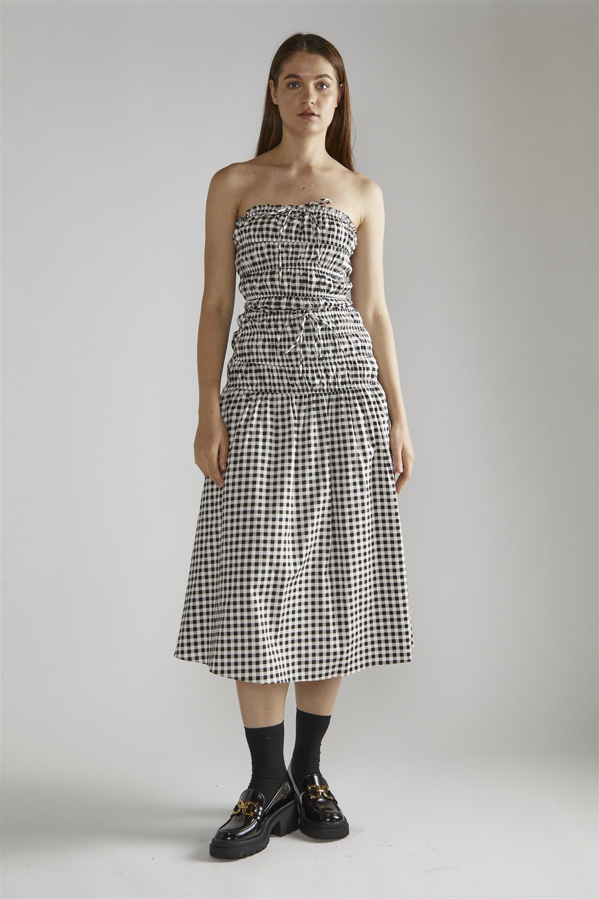 Black-White-Gingham-Print Smocked Midi-Skirt