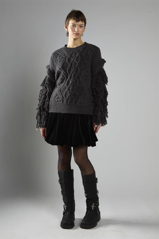 Charcoal Fringe Sleeve Cable Knit Jumper