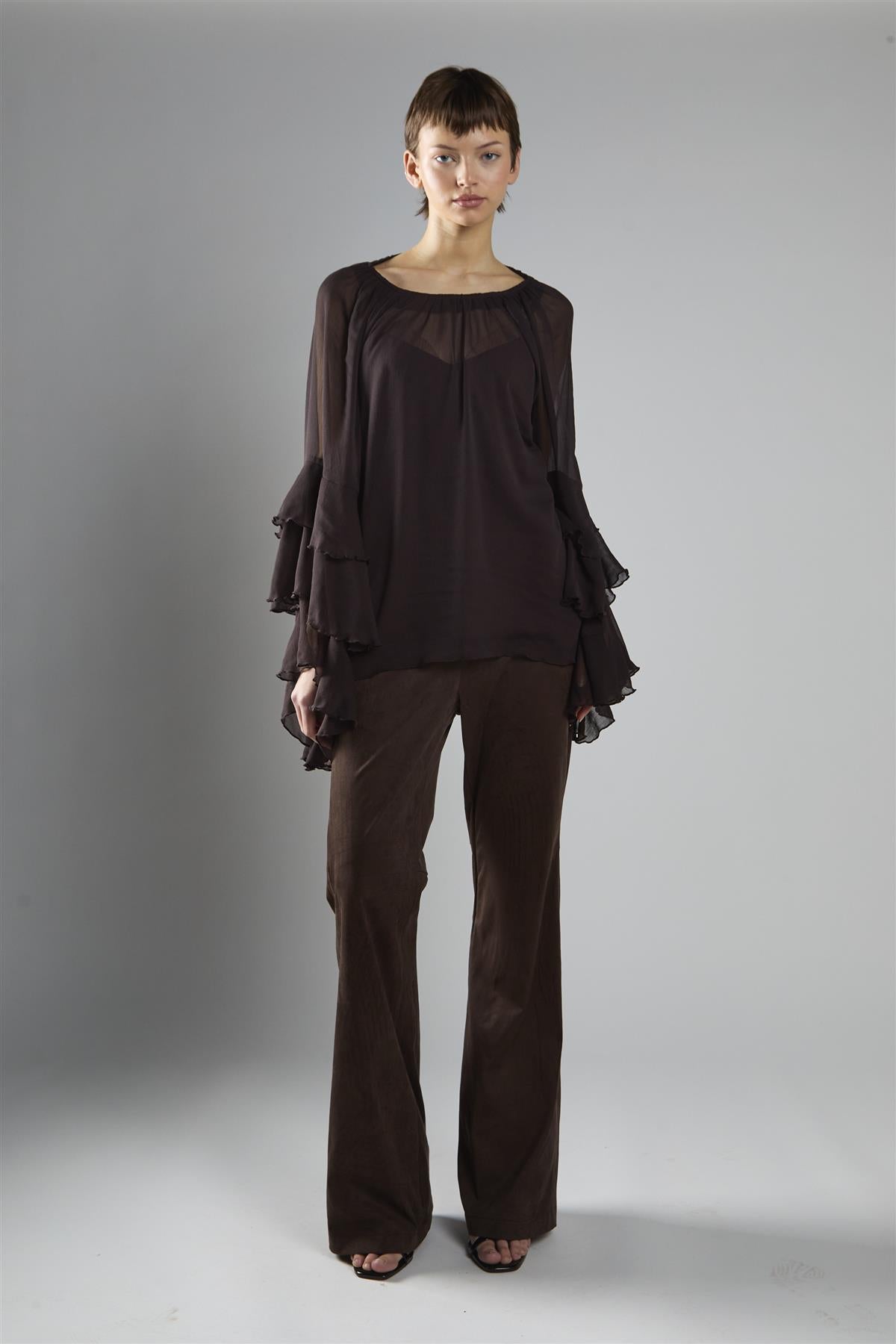 Brown Flared Mid-Rise Trousers