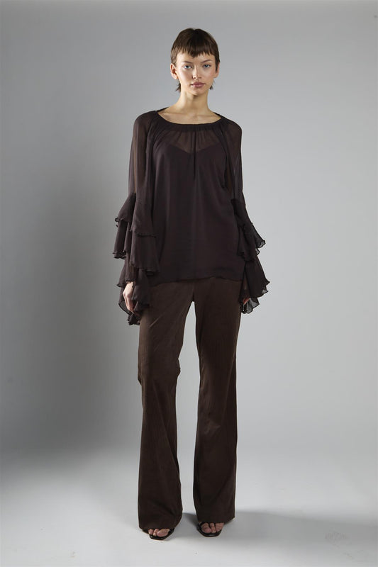 Brown Flared Mid-Rise Trousers
