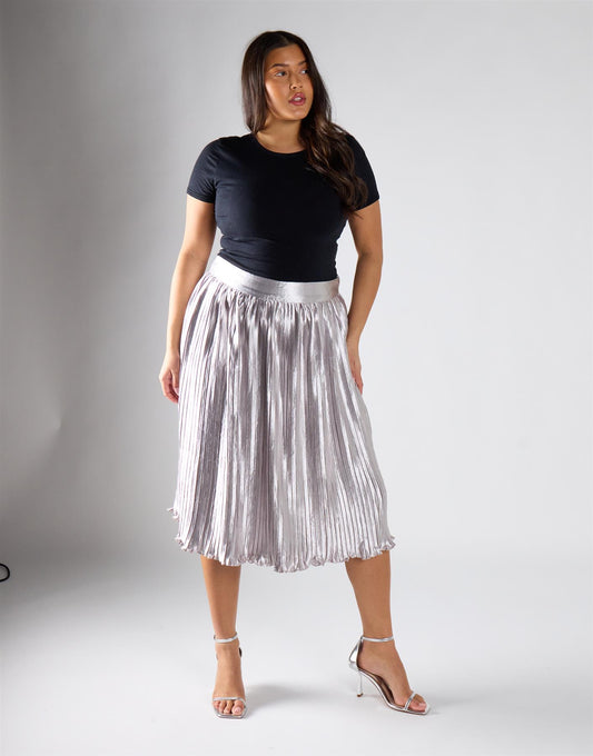 Glamorous Curve Light Silver Pleated Midi Skirt