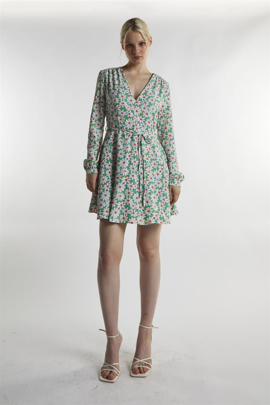 Green-Daisy Long Sleeve Mini-Dress
