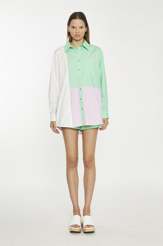 White Green Pink Colour Block Long-Sleeve Top