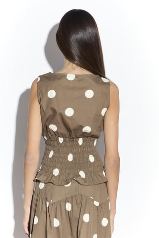 Taupe White Spot Sleeveless Shirred Top
