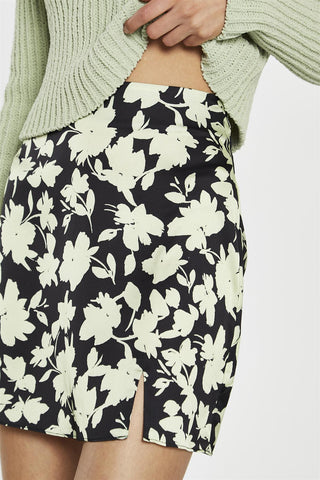 Soft-Lime Black-Floral Notch-Split Mini-Skirt