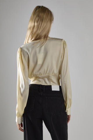 Cream-Sateen Lace-Up-Front Crop-Top