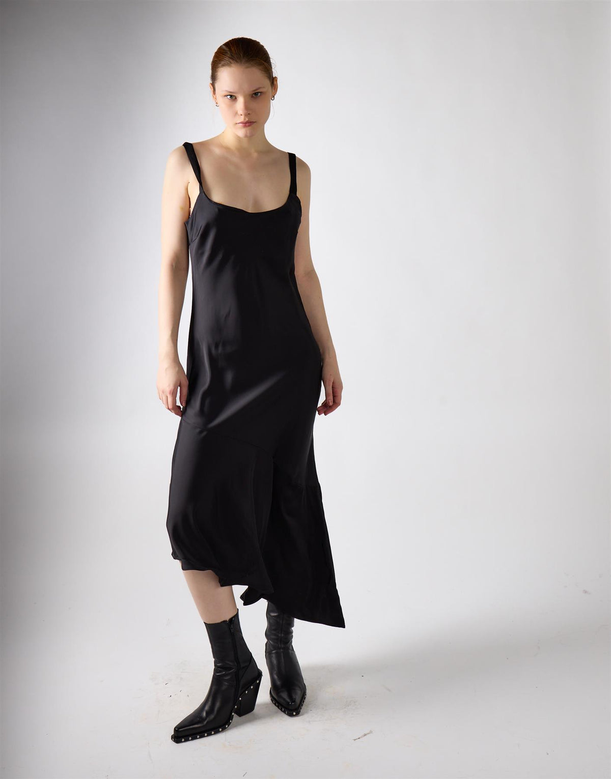 Asymmetrical Scoop Neck Midi Dress - Black Satin