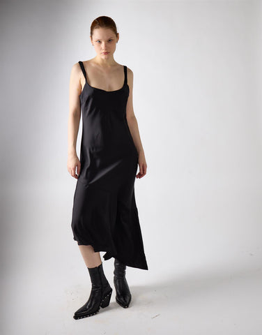Asymmetrical Scoop Neck Midi Dress - Black Satin