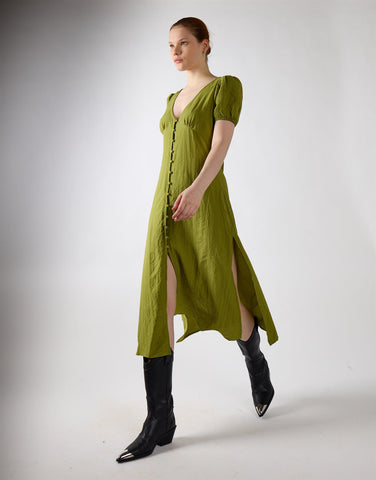 Button Front Midi Dress - Green Olive