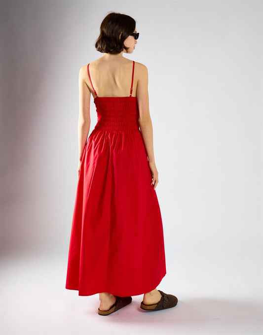 Red Shirring Body Boat Neck Maxi Dress