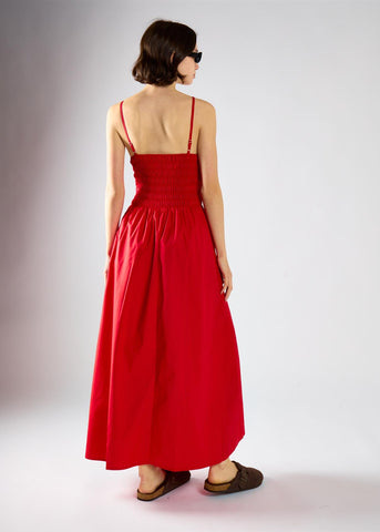 Red Shirring Body Boat Neck Maxi Dress