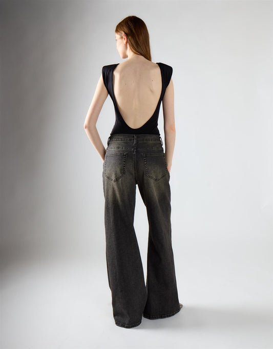 Black Vintage Wash Flared Leg High Rise Jeans