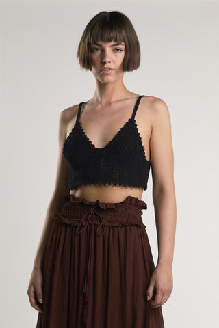 Black Sleeveless-V-Neck-Crochet Crop-Top