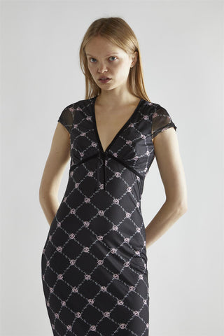 Black Rose Trellis Mesh V-Neck Midaxi-Dress