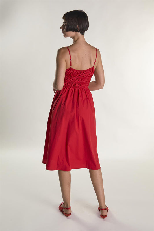 Red Elastic Waist Spaghetti Strap Midi Dress