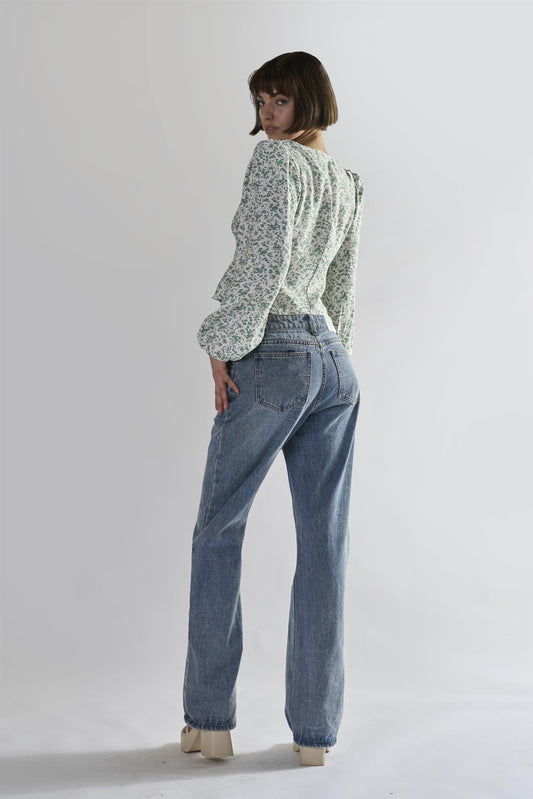 Green-Ditsy V-Neck-Blouse