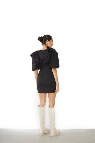 Black Ruffle Puff Shoulder Mini Dress