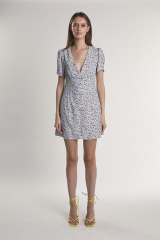 Blue-Red-Ditsy Button-Front Mini-Dress