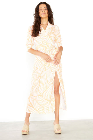 V-Neck Midi Wrap dress - Coral Pink Palm